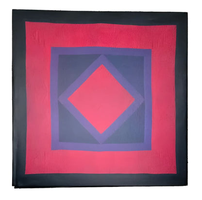 Abstract geometric painting with concentric squares and a central diamond in black, red, and purple hues.