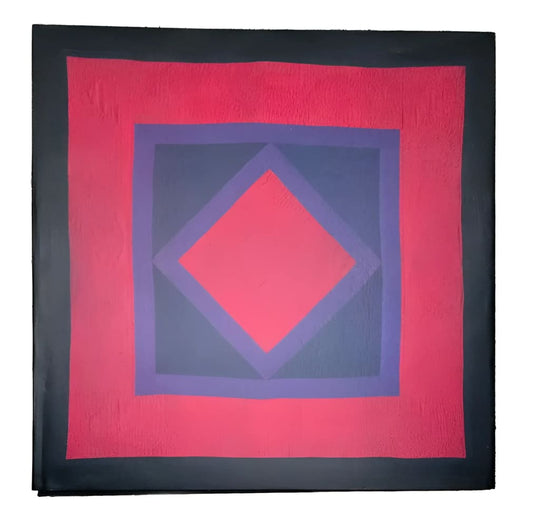 Abstract geometric painting with concentric squares and a central diamond in black, red, and purple hues.
