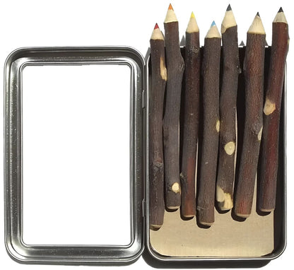 Rustic twig colored pencils in a tin.