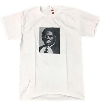 White t-shirt with black and white portrait.