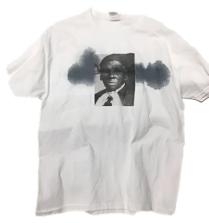 White t-shirt with a portrait.