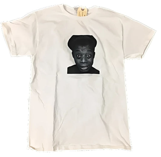 White t-shirt with a black and white portrait.