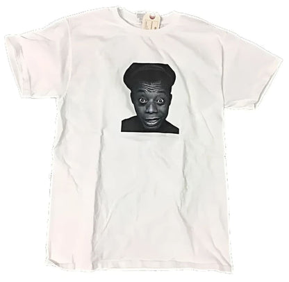 White t-shirt with a black and white portrait.