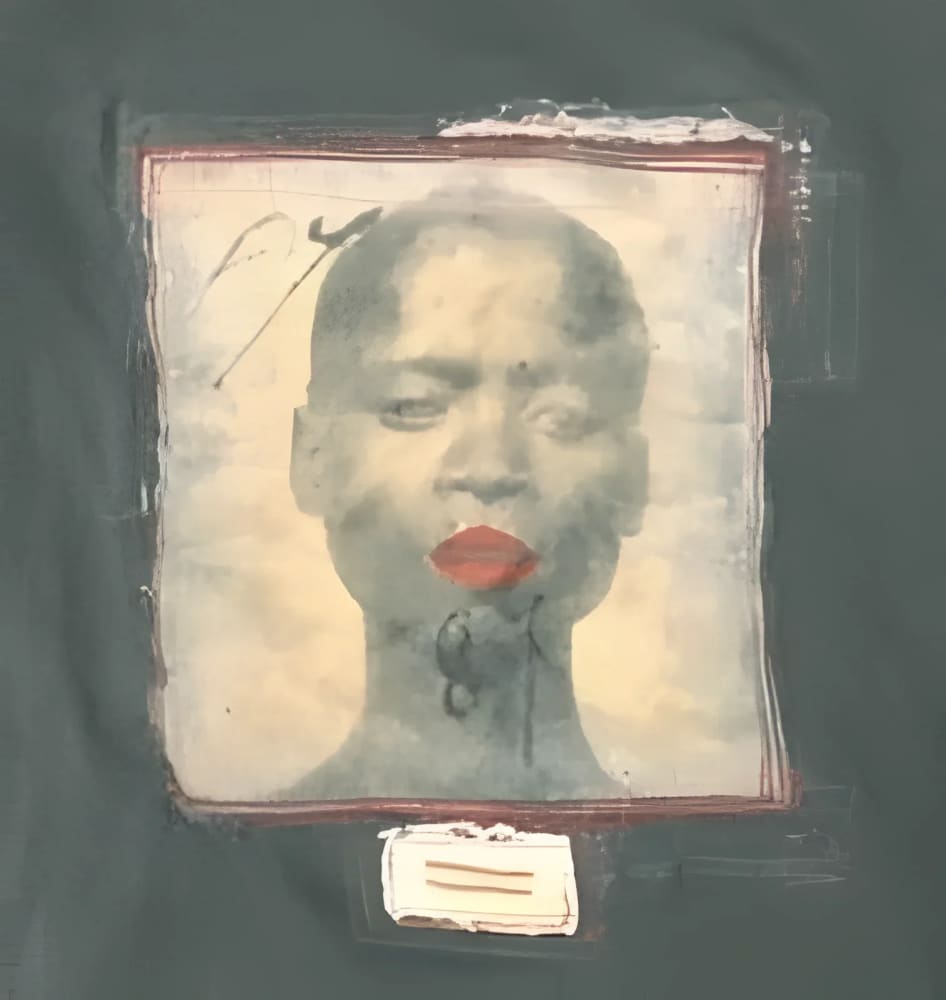 Framed portrait of a person with red lips.