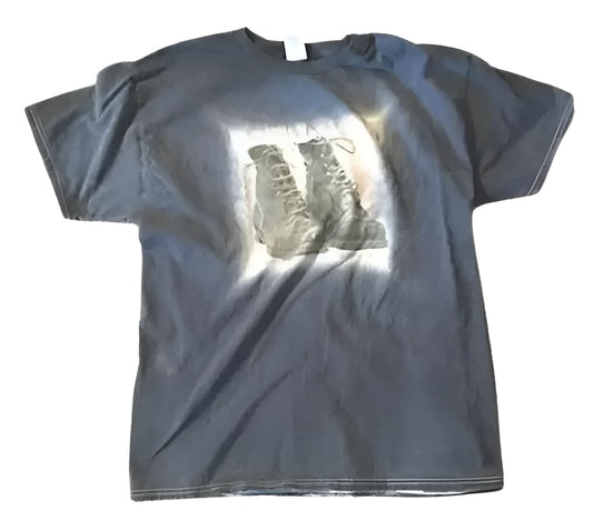 Gray t-shirt with boot graphic.