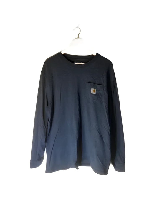A long-sleeved dark blue Carhartt t-shirt with a chest pocket.