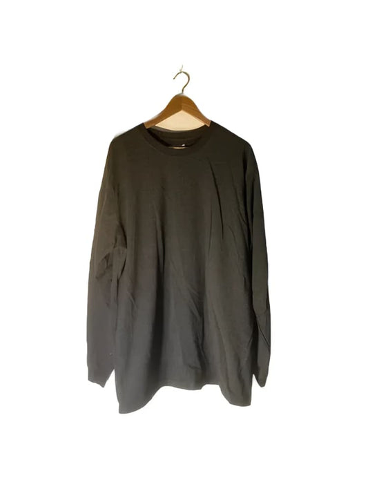 A dark gray long-sleeved crew-neck t-shirt on a wooden hanger.