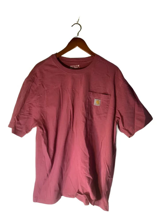 A dusty rose Carhartt short-sleeve t-shirt with a chest pocket.