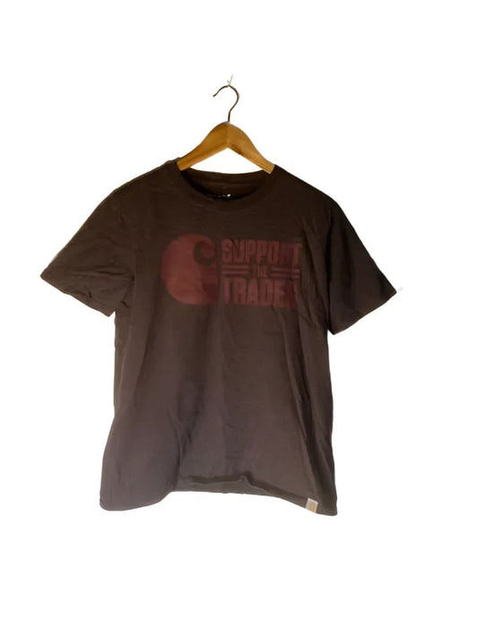 Brown short-sleeved t-shirt with a reddish graphic print.