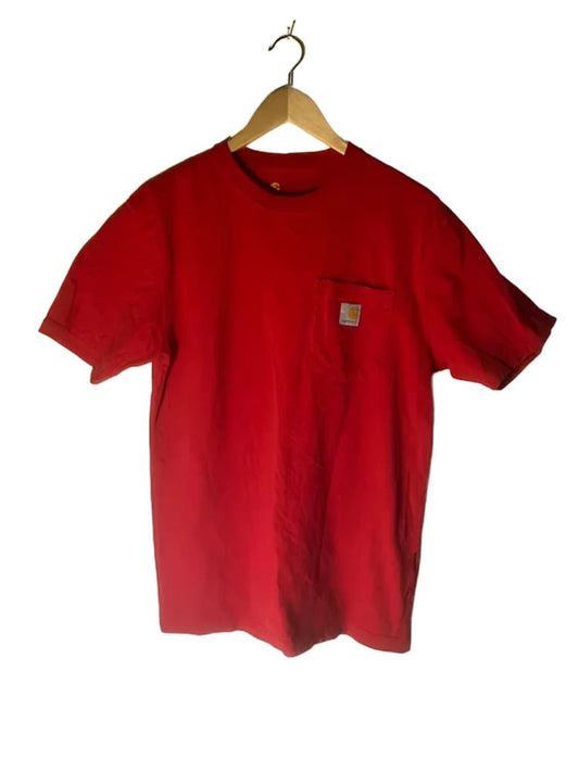 Red short-sleeved t-shirt with a chest pocket and a small brown and gold rectangular logo patch.