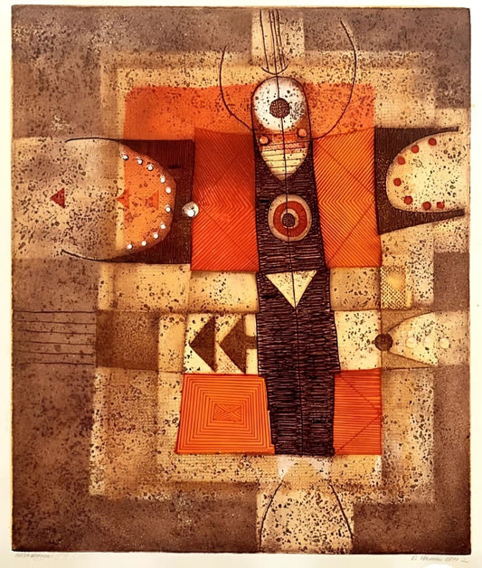 An abstract artwork with a central figure composed of geometric shapes and patterns, surrounded by a textured, earthy-toned background.