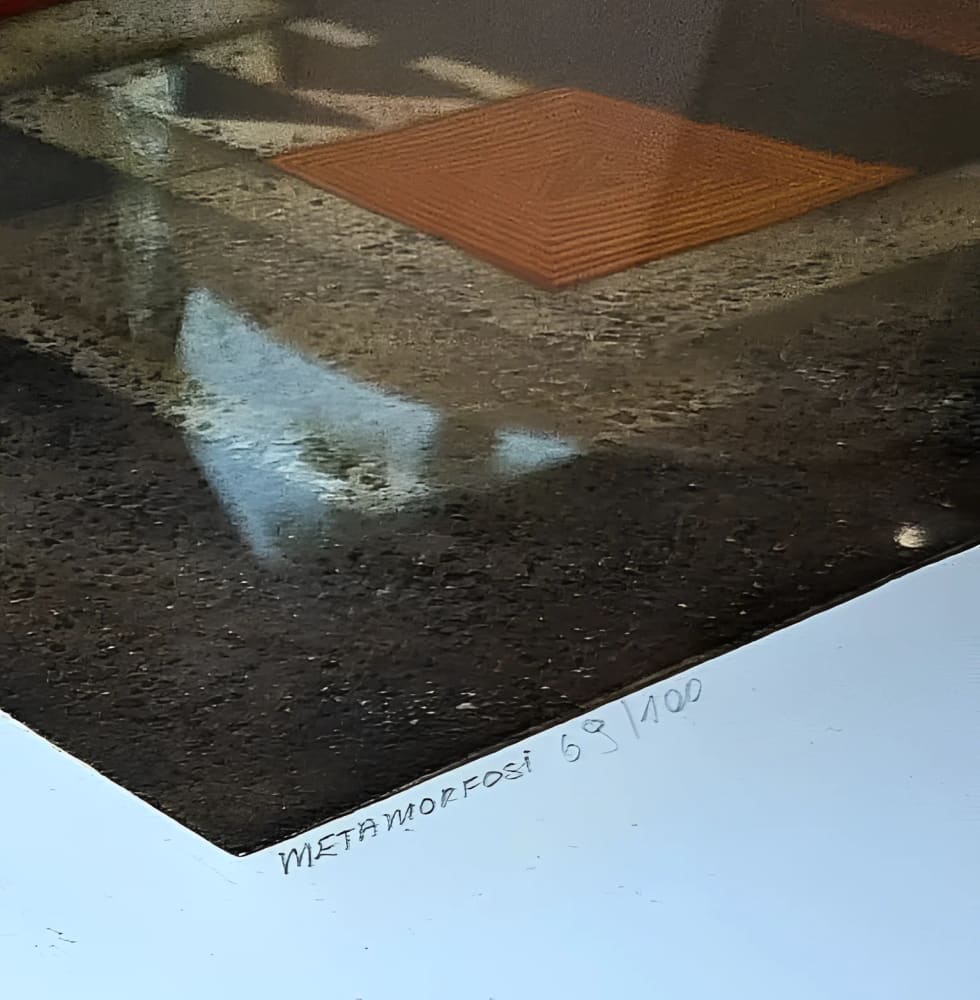 A numbered print with a reflective surface.