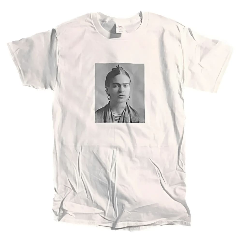 White t-shirt with Frida Kahlo portrait.