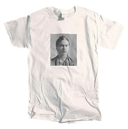White t-shirt with Frida Kahlo portrait.