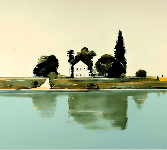 A tranquil white house nestled among trees by a reflective body of water.