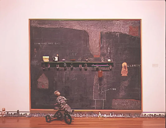 Dark, textured painting with shelf and doll.