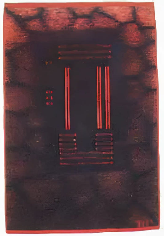 Abstract red and black artwork.