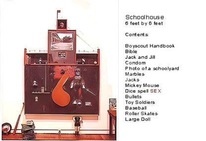 Schoolhouse-themed art installation.