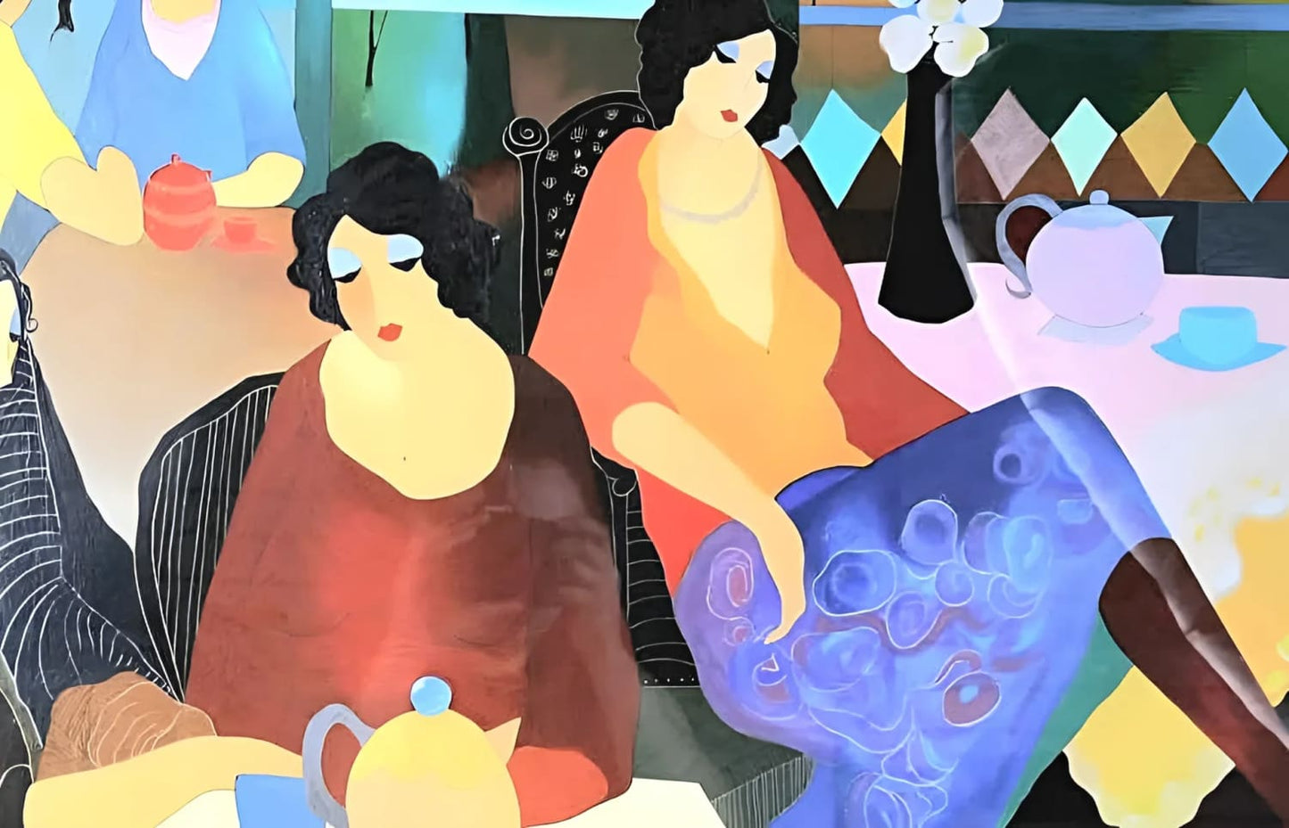 Stylized painting of women at tea.