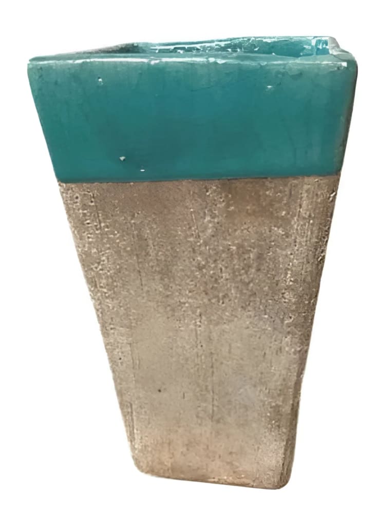 Trapezoidal turquoise and silver vase.