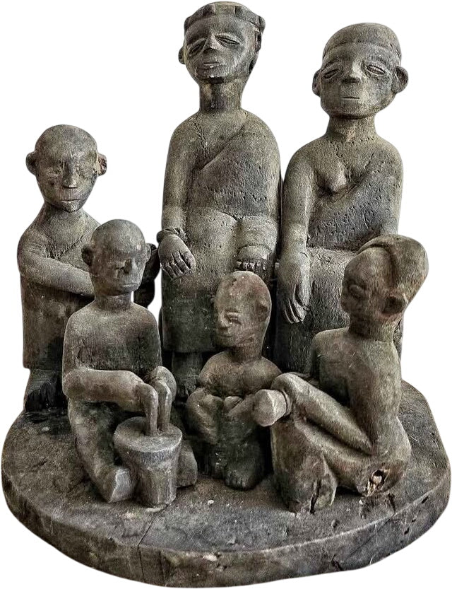 Antique African Royal Family Portrait Wood Carving
