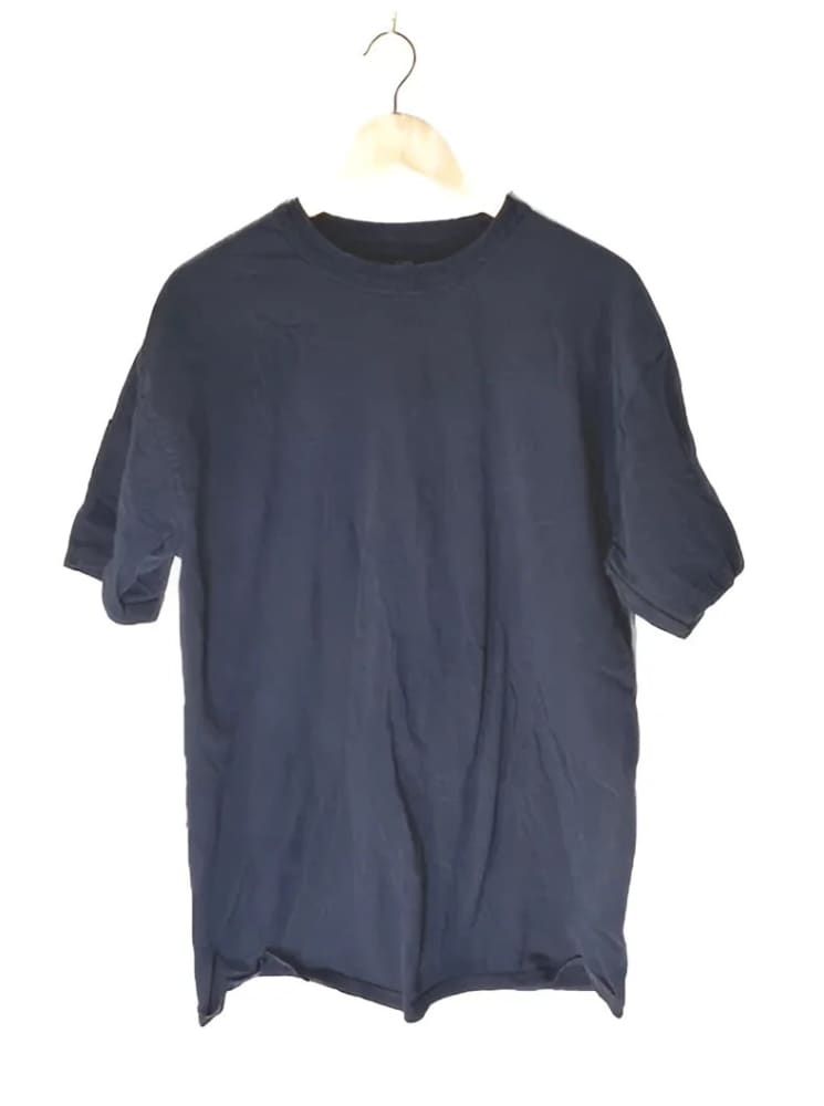 A dark blue, short-sleeved t-shirt with a crew neck.