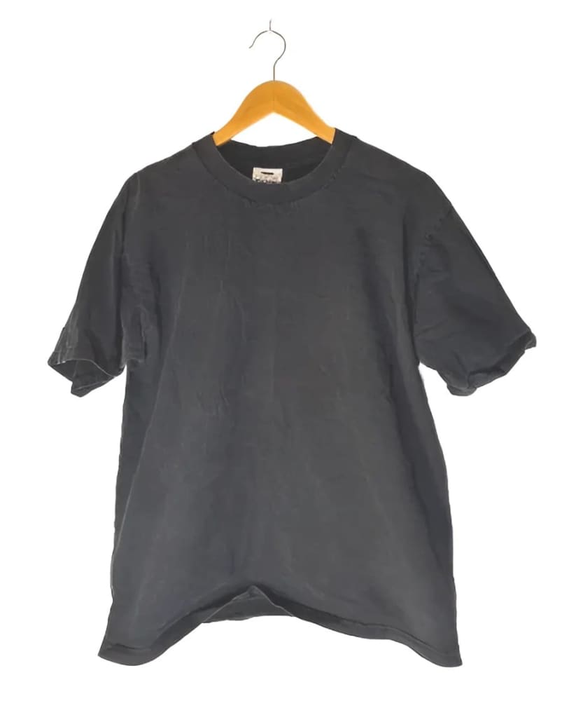 A plain dark gray short-sleeved t-shirt on a wooden hanger.