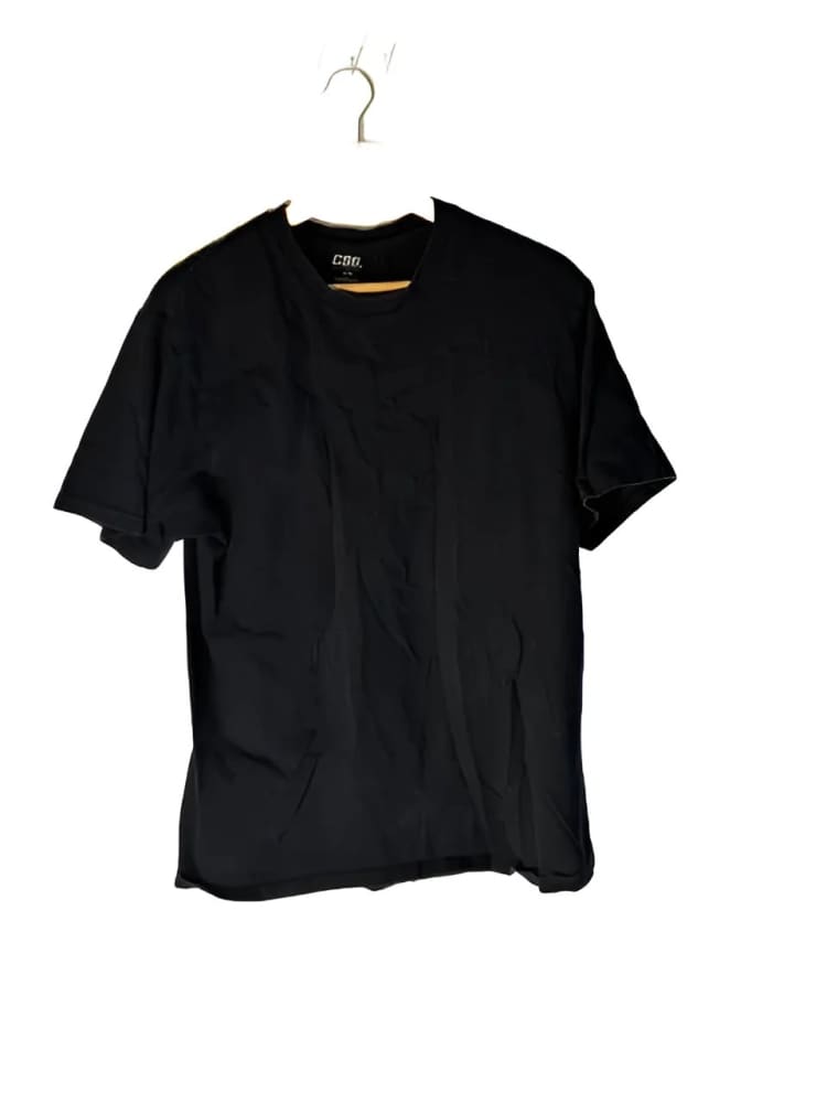 Black short-sleeved crew-neck t-shirt on a hanger