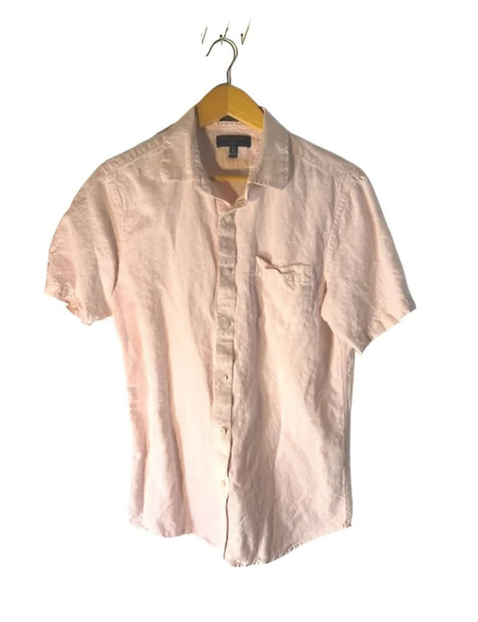Light pink short-sleeve collared shirt with a breast pocket.