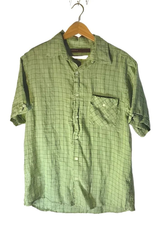 Light green plaid short-sleeved button-up shirt on a hanger.