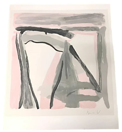 Abstract gray and pink painting.