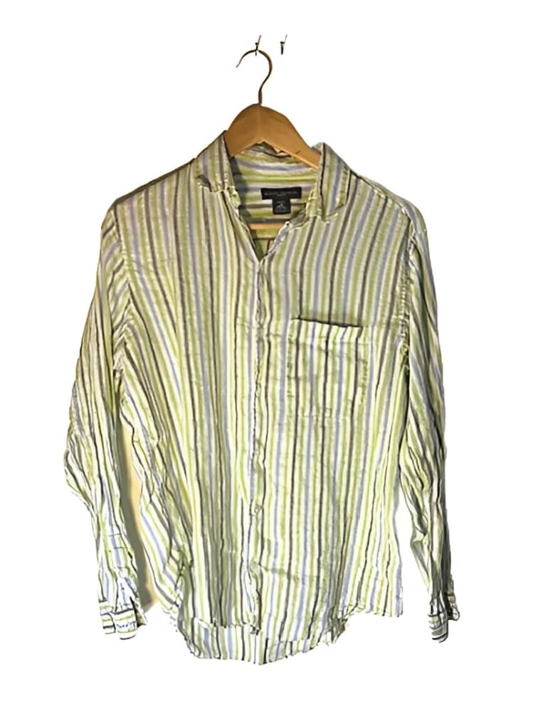A light green and blue striped long-sleeve button-up shirt with a single chest pocket.