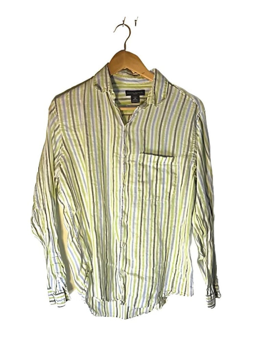 A light green and blue striped long-sleeve button-up shirt with a single chest pocket.