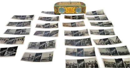 An antique stereoscope viewer with numerous black and white film strips.