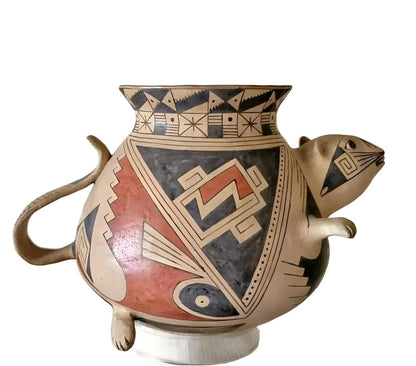 Polychrome pottery vessel in the shape of a rodent with geometric designs.