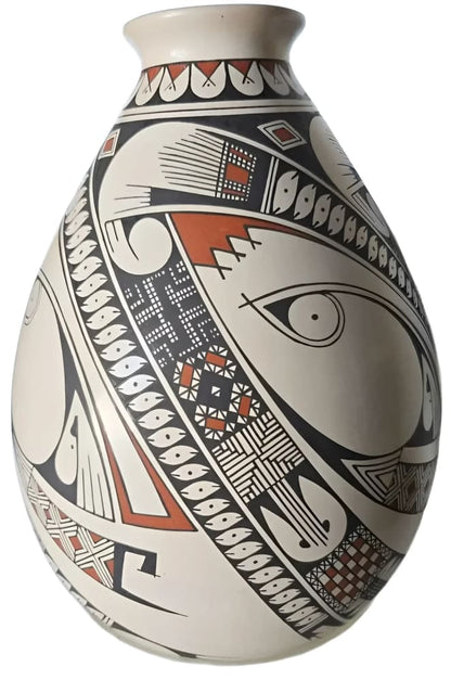 Hand-painted Native American pottery vase with intricate geometric and stylized animal designs in black, white, and terracotta.