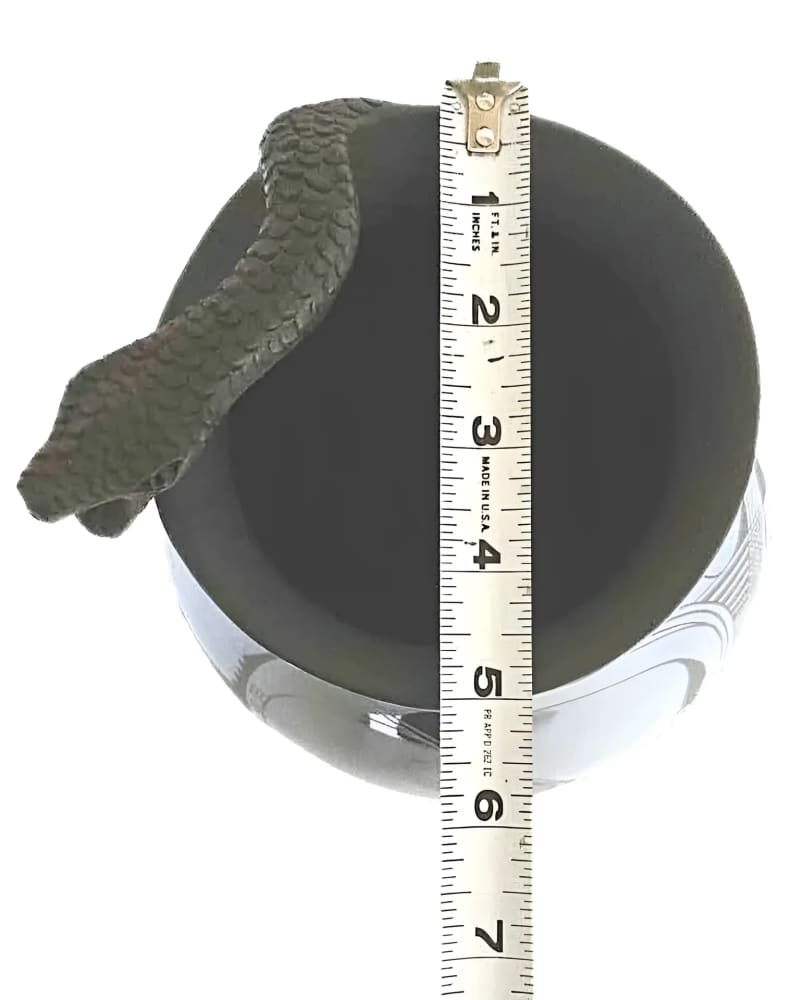 A black ceramic vase with a snake-shaped handle.