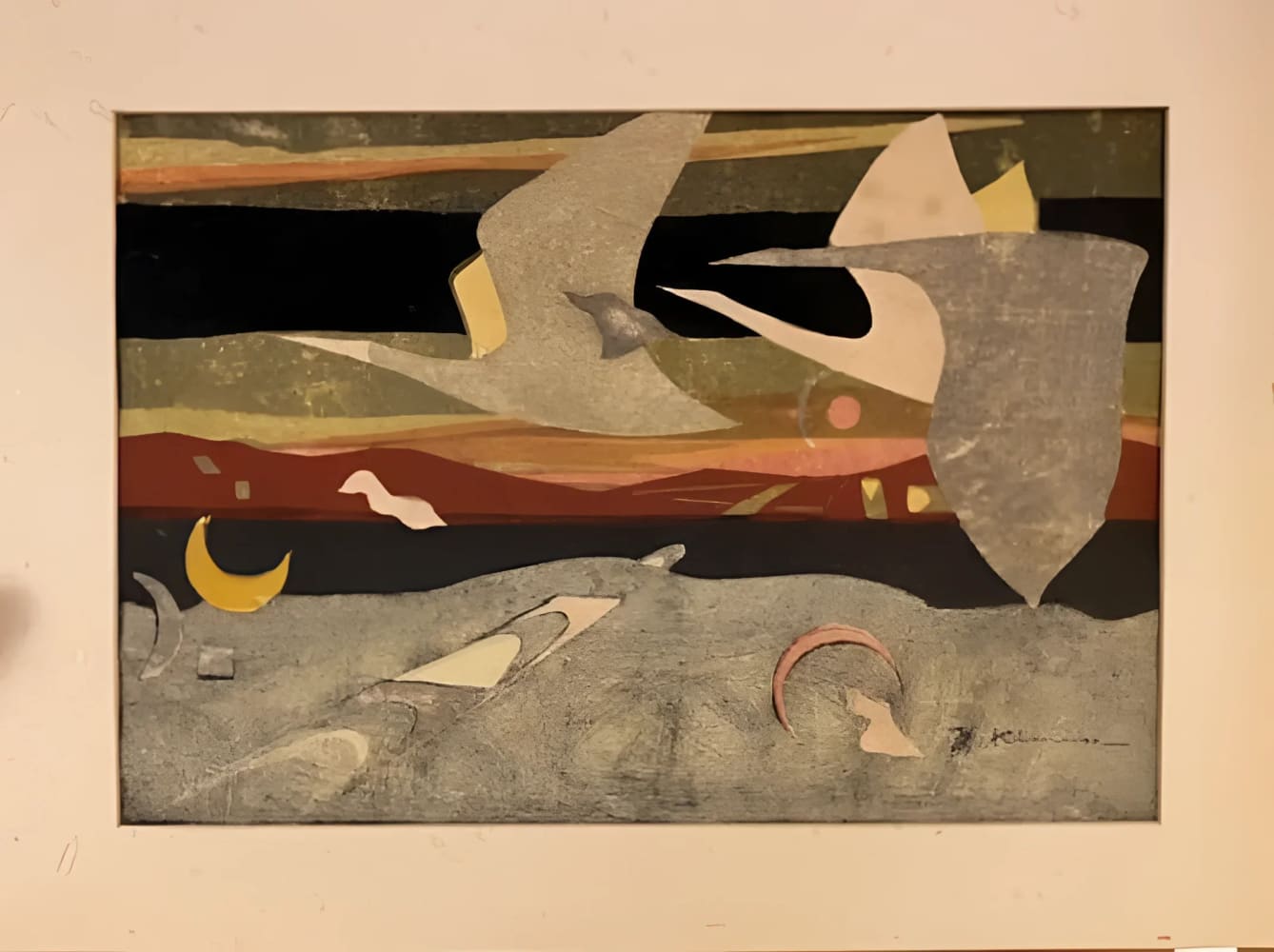 Abstract painting with birds and crescent moons.