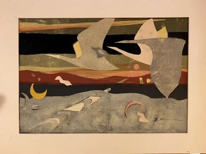 Abstract painting with birds and crescent moons.